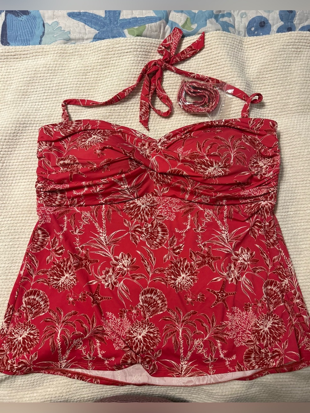Garnet Hill Red Floral Bandeau Tankini with Halter Strap